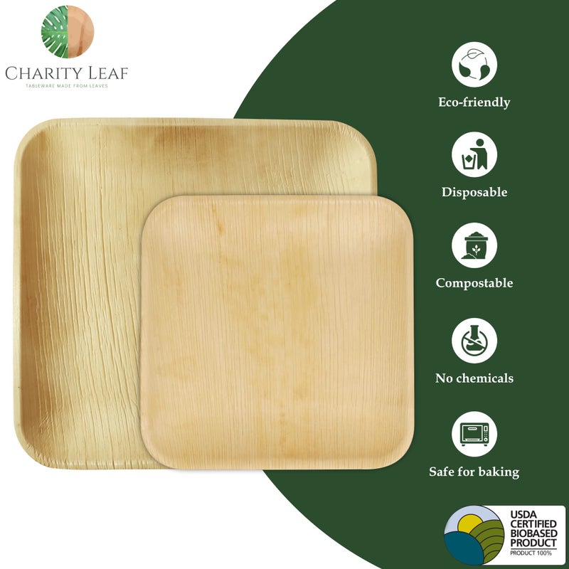 Charity Leaf 50-Piece Palm Leaf Plates Set | 25 x 10" & 25 x 7" Square Plates | Perfect for Parties, Weddings, and Everyday Use - Image 2